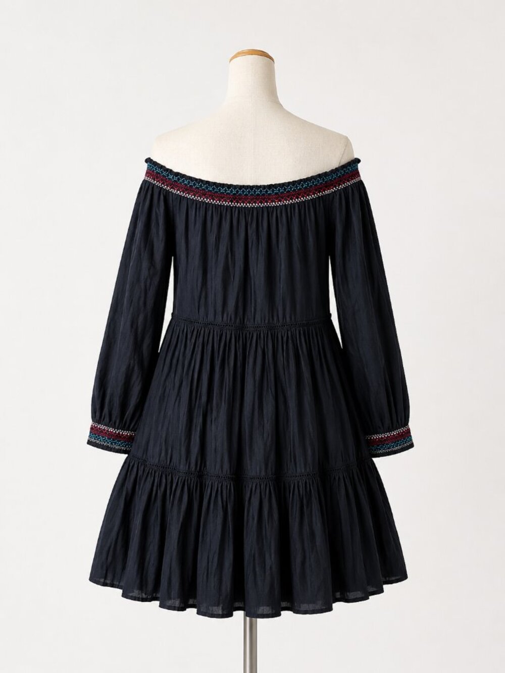 Free People Black Embroidered Off Shoulder Boho Mini Dress Size M - Picture 3 of 5